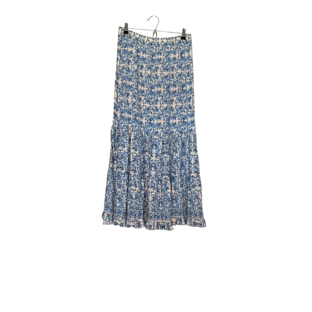 Max Studio London Blue White Floral Tiered Maxi Skirt Size M Boho Chic Relaxed